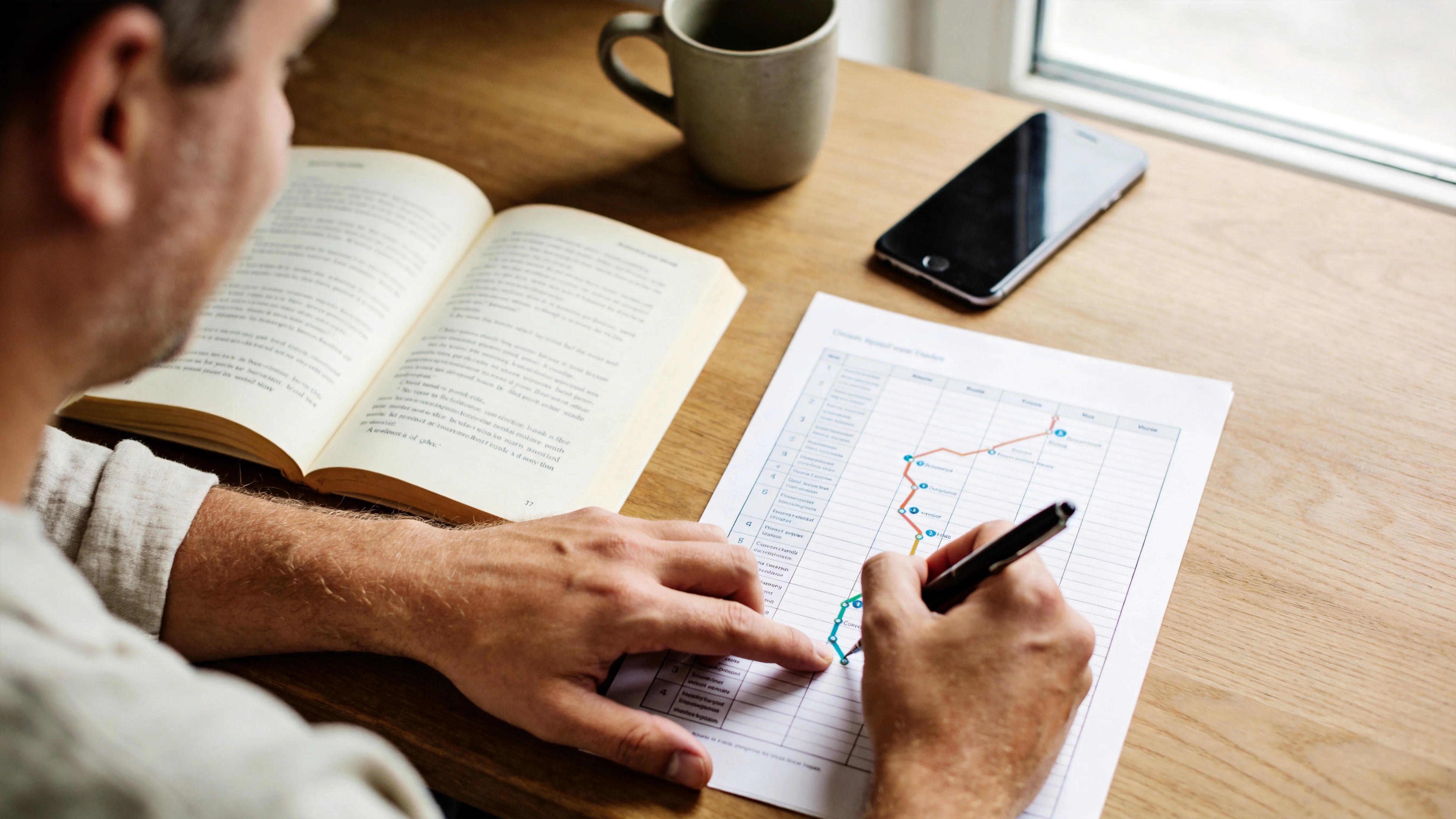 A reader filling in a route worksheet beside the open book